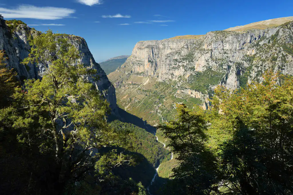 Vikos Gorge, a gorge in the Pindus Mountains of northern Greece, lying on the southern slopes of Mount Tymfi, one of the deepest gorges in the world.