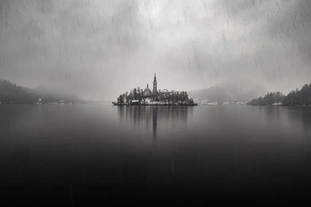 Fine art BW photo of Lake Bled in winter