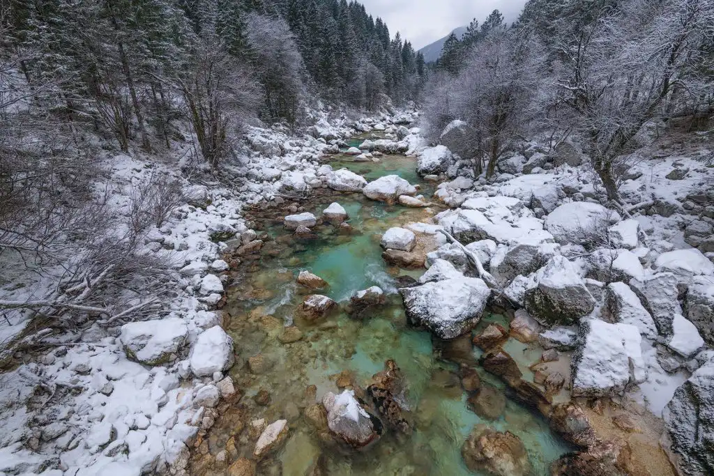 Soča river after a fresh snowfall